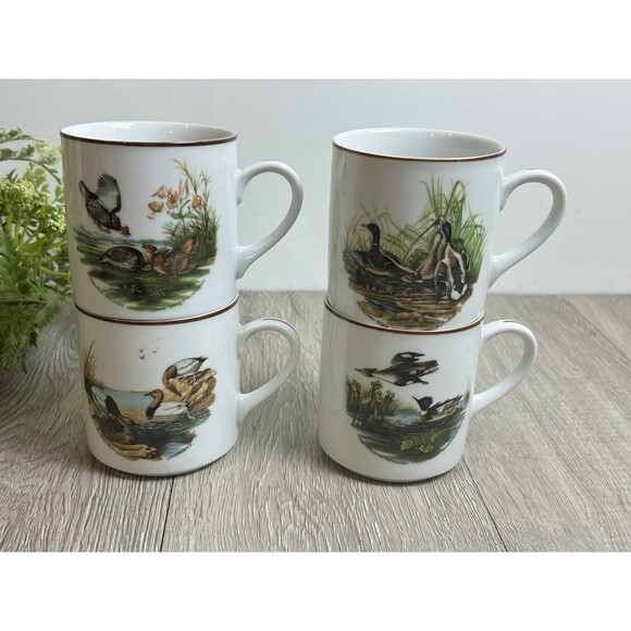 Set Of 4 Mugs Cups Ducks Waterfowl JKW Bavaria West Germany Cottage Cabin - Picture 1 of 12